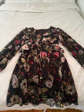Kensie Black Floral Ruffle Long-Sleeve Dress